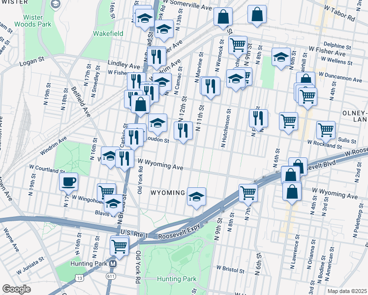 map of restaurants, bars, coffee shops, grocery stores, and more near 4814 North 11th Street in Philadelphia