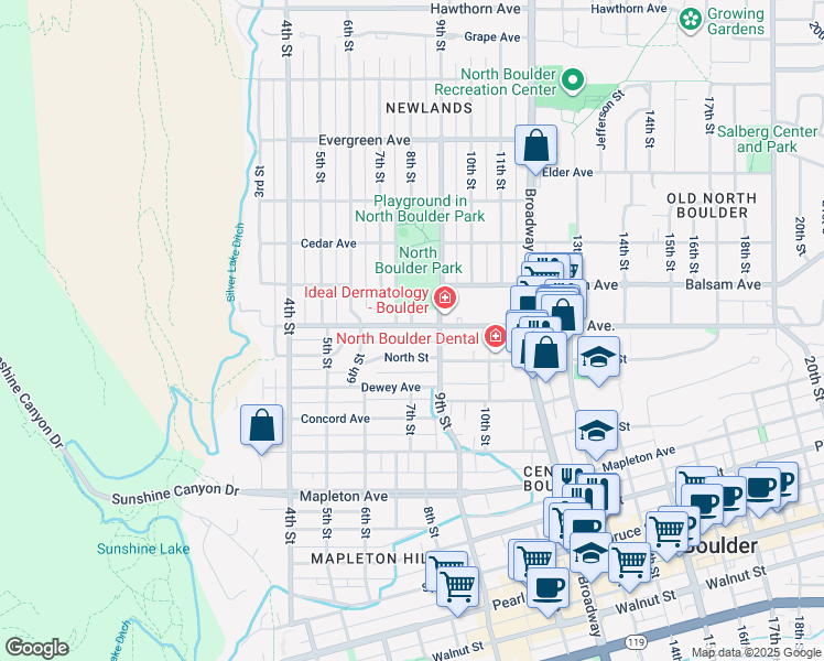 map of restaurants, bars, coffee shops, grocery stores, and more near 815 Alpine Drive in Boulder