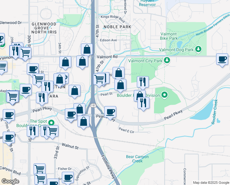 map of restaurants, bars, coffee shops, grocery stores, and more near 4733 Pearl Street in Boulder
