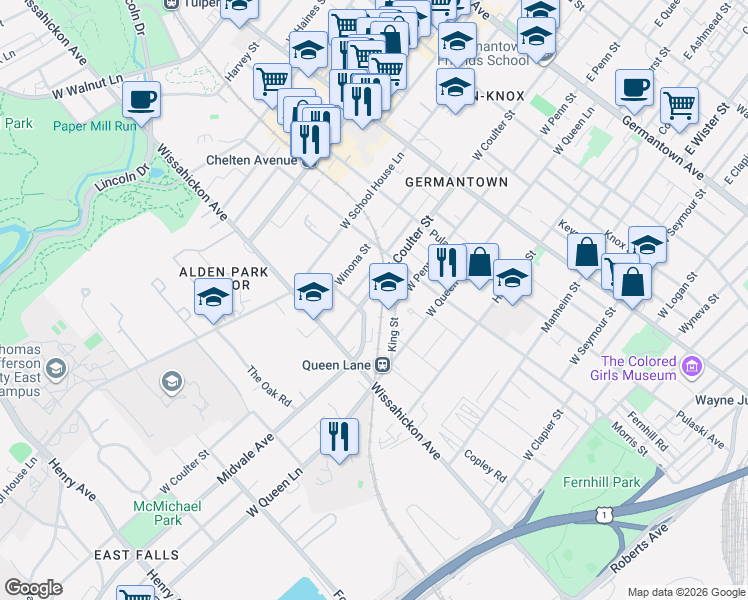 map of restaurants, bars, coffee shops, grocery stores, and more near 422 West Coulter Street in Philadelphia