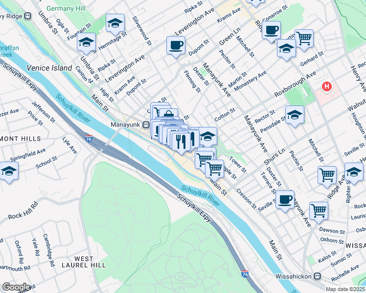 map of restaurants, bars, coffee shops, grocery stores, and more near 4304 Cresson Street in Philadelphia