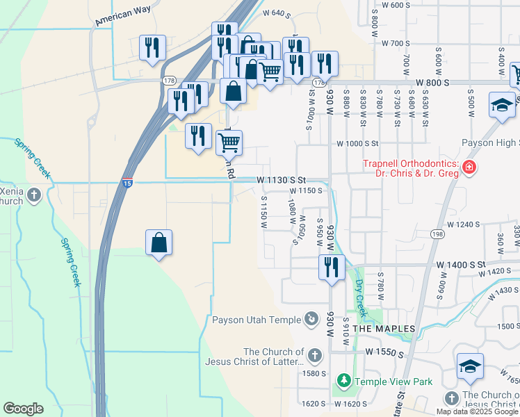 map of restaurants, bars, coffee shops, grocery stores, and more near 1216 South 1150 West in Payson