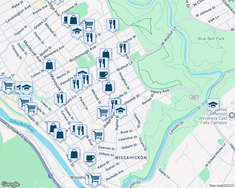 map of restaurants, bars, coffee shops, grocery stores, and more near 514 Seville Street in Philadelphia