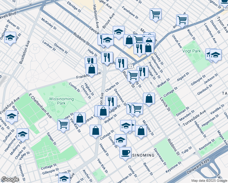 map of restaurants, bars, coffee shops, grocery stores, and more near 6164 Tackawanna Street in Philadelphia