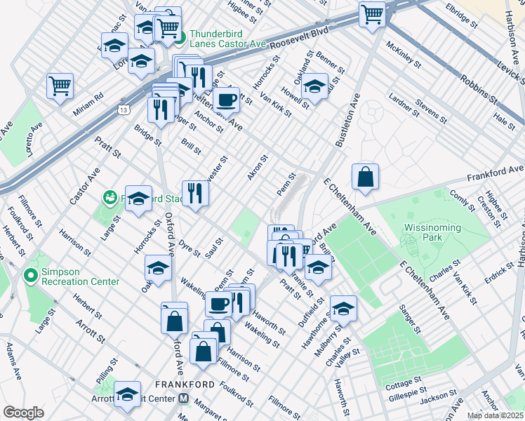 map of restaurants, bars, coffee shops, grocery stores, and more near 5312 Penn Street in Philadelphia