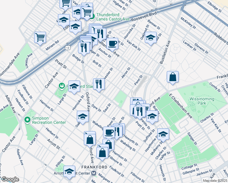 map of restaurants, bars, coffee shops, grocery stores, and more near 5241 Akron Street in Philadelphia