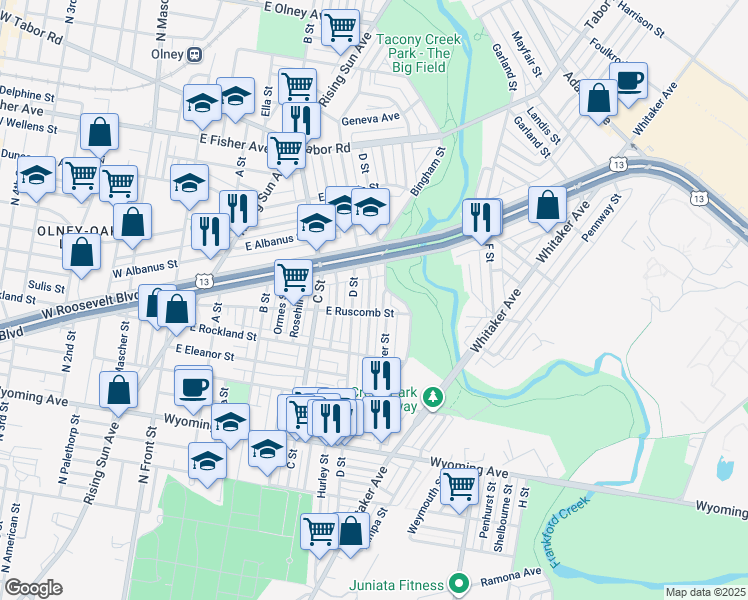 map of restaurants, bars, coffee shops, grocery stores, and more near 5015 Gransback Street in Philadelphia