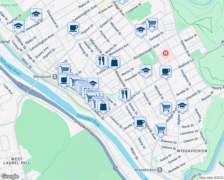 map of restaurants, bars, coffee shops, grocery stores, and more near 217 Rector Street in Philadelphia