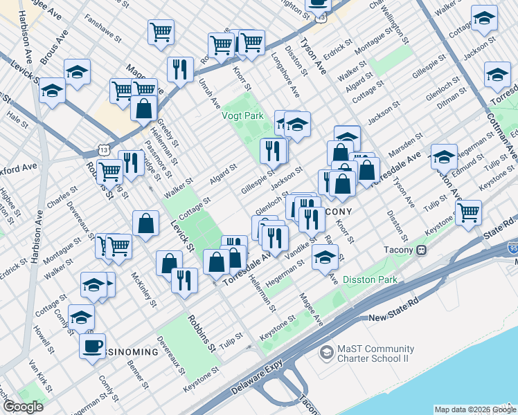 map of restaurants, bars, coffee shops, grocery stores, and more near 6618 Jackson Street in Philadelphia