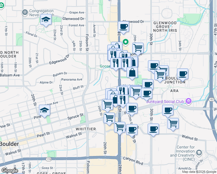 map of restaurants, bars, coffee shops, grocery stores, and more near 2525 28th Street in Boulder