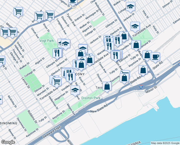 map of restaurants, bars, coffee shops, grocery stores, and more near 4712 Disston Street in Philadelphia
