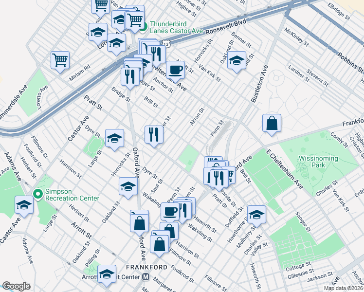 map of restaurants, bars, coffee shops, grocery stores, and more near 5260 Akron Street in Philadelphia
