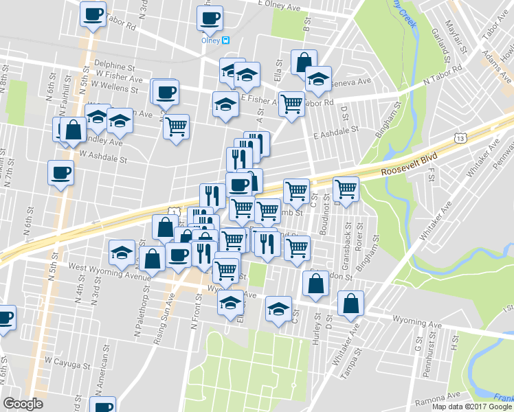 map of restaurants, bars, coffee shops, grocery stores, and more near 218 East Roosevelt Boulevard in Philadelphia
