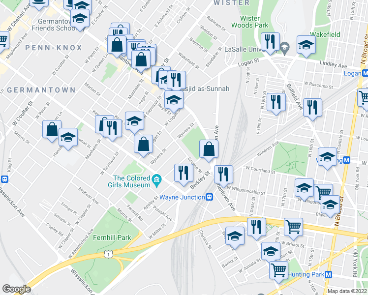 map of restaurants, bars, coffee shops, grocery stores, and more near 50 Wyneva Street in Philadelphia