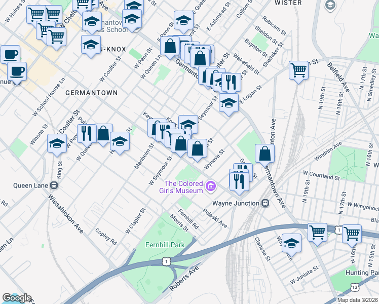 map of restaurants, bars, coffee shops, grocery stores, and more near 140 West Seymour Street in Philadelphia