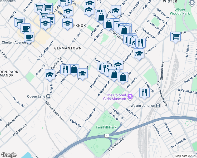map of restaurants, bars, coffee shops, grocery stores, and more near 226 Manheim Street in Philadelphia