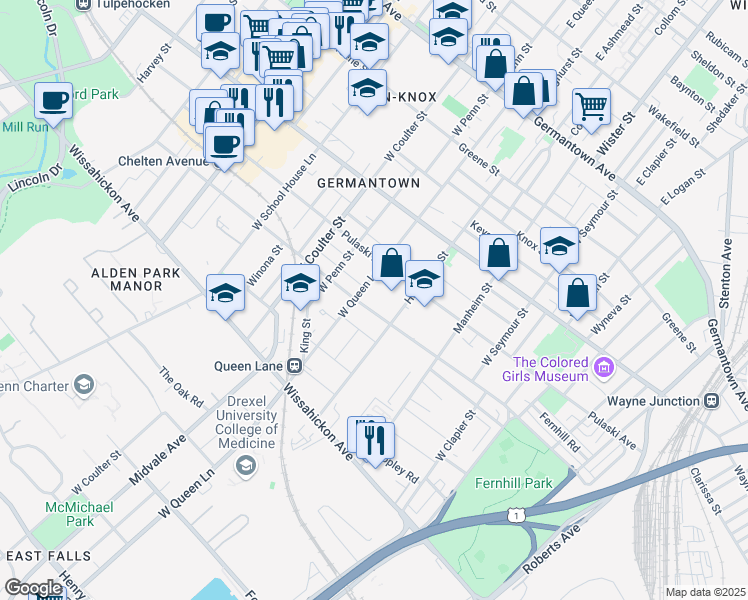 map of restaurants, bars, coffee shops, grocery stores, and more near 314 West Queen Lane in Philadelphia