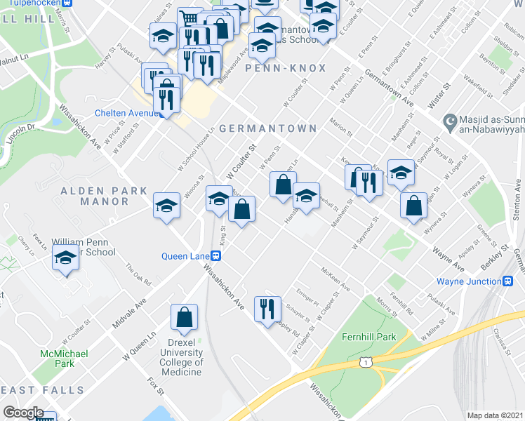 map of restaurants, bars, coffee shops, grocery stores, and more near 5320 Priscilla Street in Philadelphia