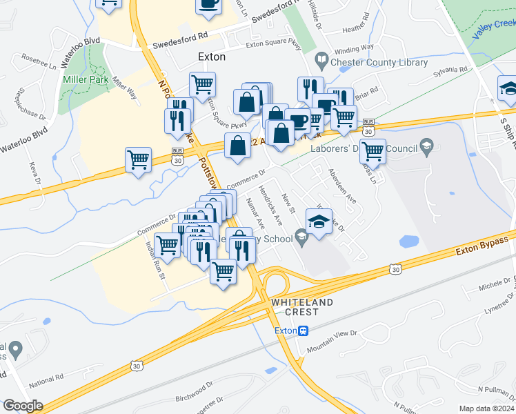 map of restaurants, bars, coffee shops, grocery stores, and more near 203 Hendricks Avenue in Exton