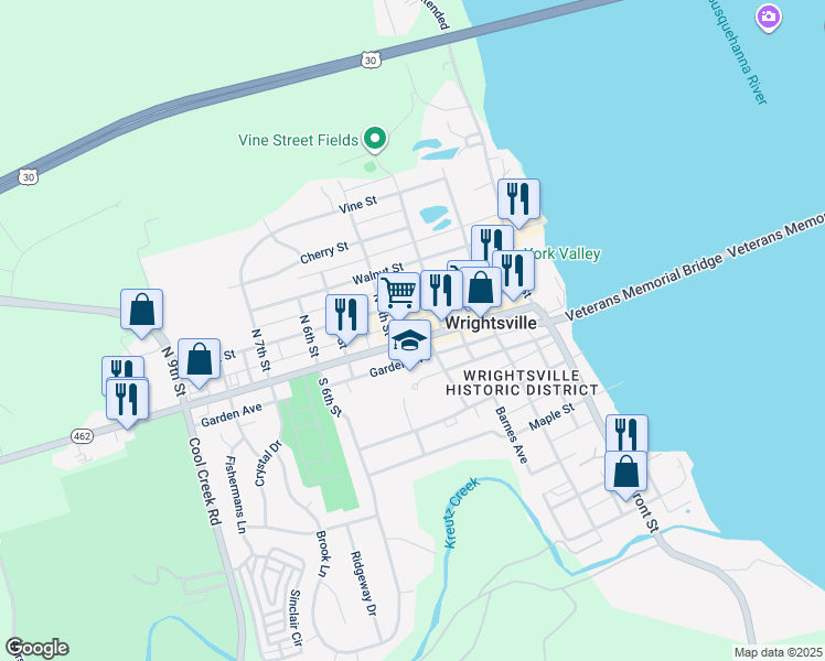 map of restaurants, bars, coffee shops, grocery stores, and more near 315 Locust Street in Wrightsville