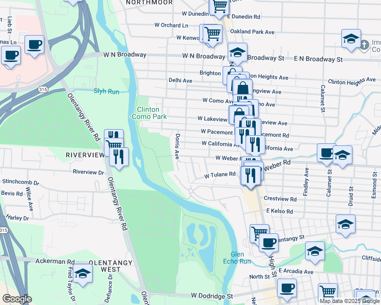 map of restaurants, bars, coffee shops, grocery stores, and more near 161 West California Avenue in Columbus