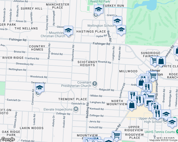 map of restaurants, bars, coffee shops, grocery stores, and more near 2101 Cresthill Drive in Columbus
