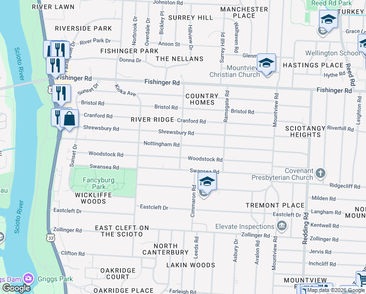map of restaurants, bars, coffee shops, grocery stores, and more near 2451 Shrewsbury Road in Columbus