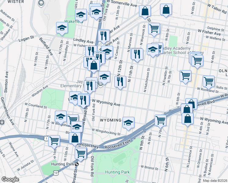 map of restaurants, bars, coffee shops, grocery stores, and more near 4746 North 12th Street in Philadelphia