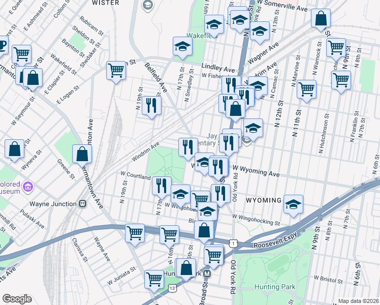 map of restaurants, bars, coffee shops, grocery stores, and more near 1616 West Mentor Street in Philadelphia