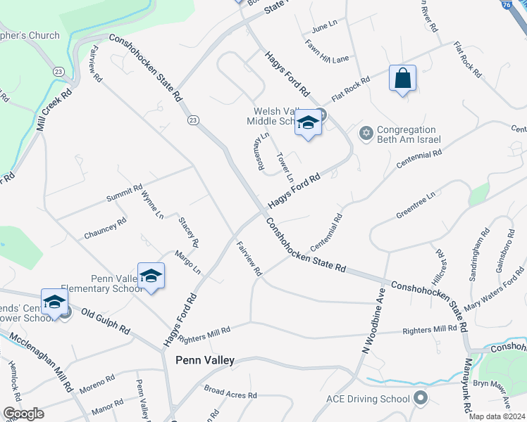 map of restaurants, bars, coffee shops, grocery stores, and more near Hagys Ford Road in Narberth