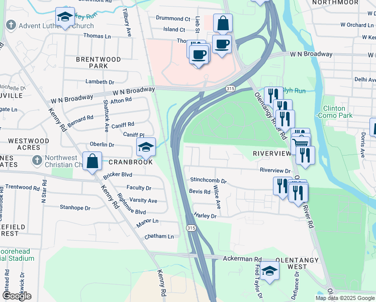 map of restaurants, bars, coffee shops, grocery stores, and more near 3199 Riverview Place in Columbus