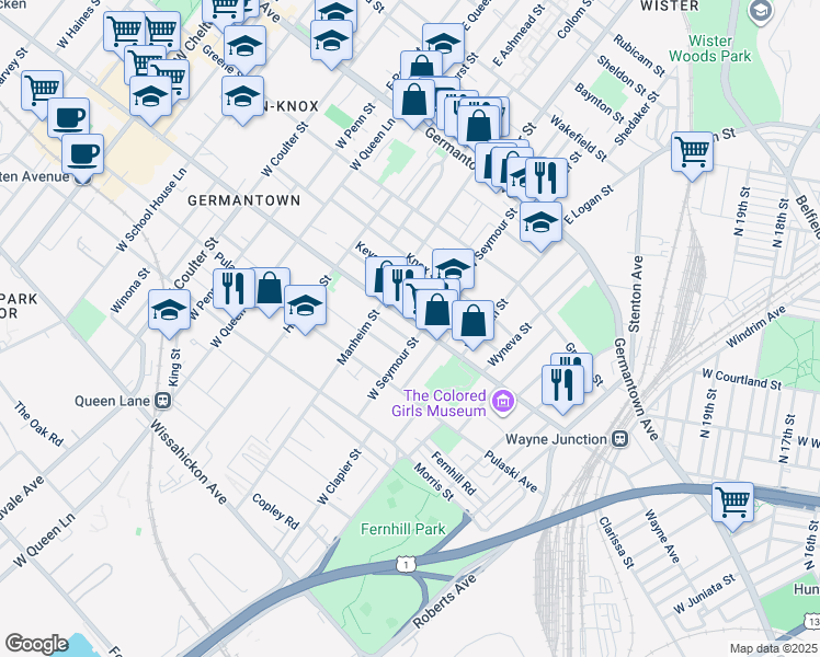 map of restaurants, bars, coffee shops, grocery stores, and more near 5010 Wayne Avenue in Philadelphia