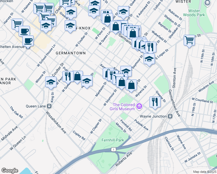 map of restaurants, bars, coffee shops, grocery stores, and more near 5040 Tacoma Street in Philadelphia