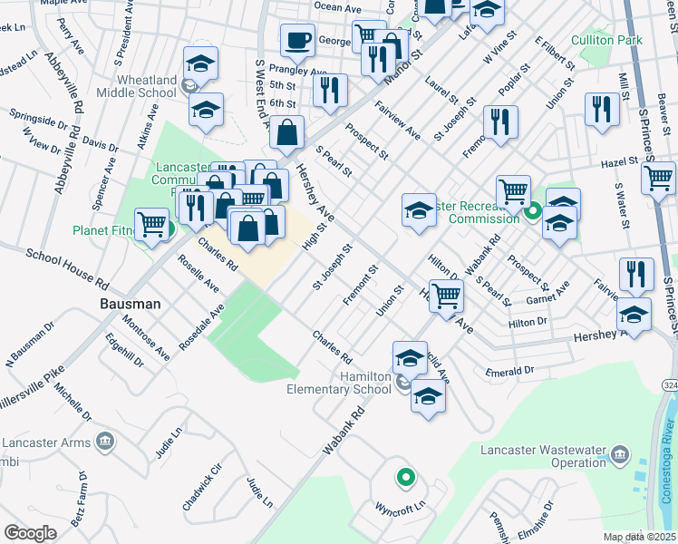 map of restaurants, bars, coffee shops, grocery stores, and more near 209 Euclid Avenue in Lancaster
