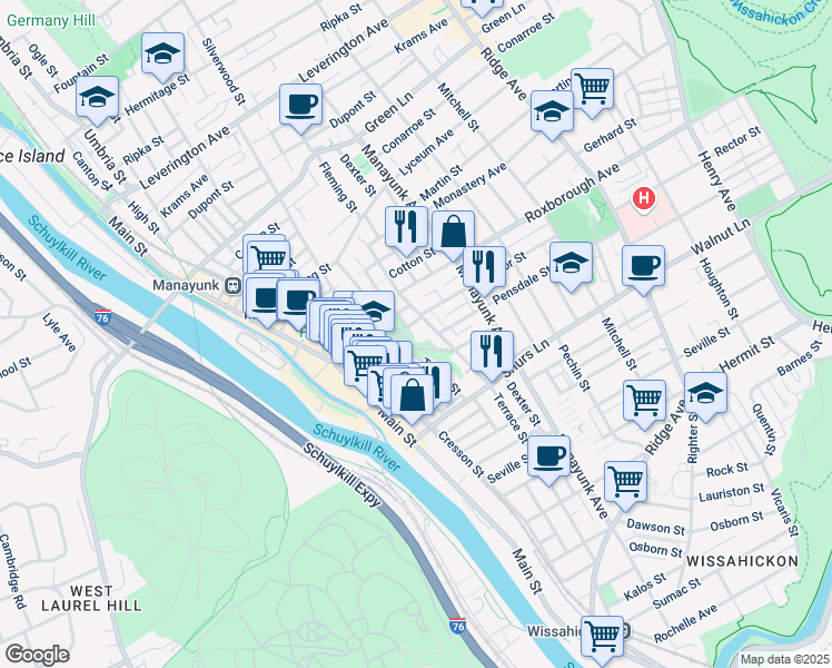 map of restaurants, bars, coffee shops, grocery stores, and more near 4215 Boone Street in Philadelphia