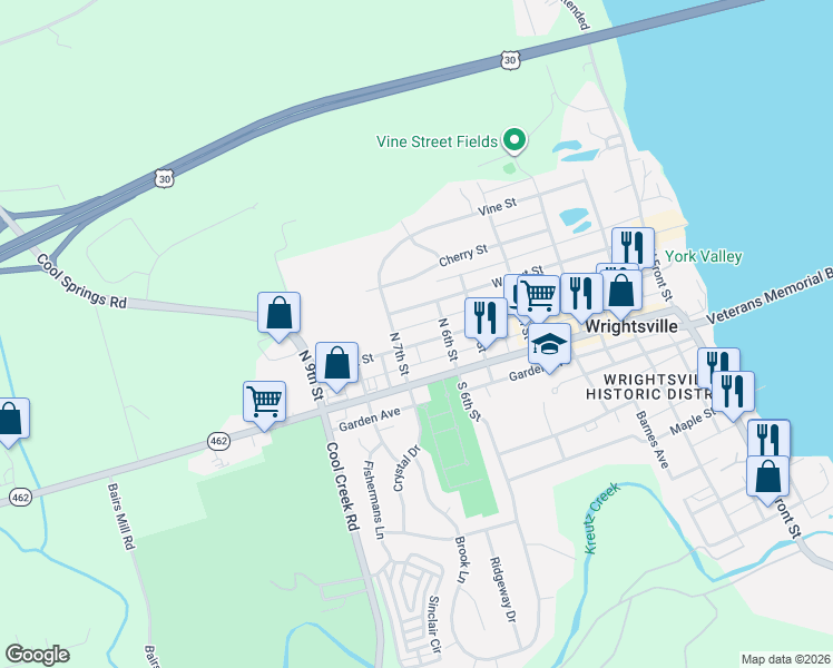 map of restaurants, bars, coffee shops, grocery stores, and more near 255 South 6th Street in Wrightsville