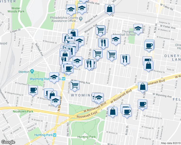 map of restaurants, bars, coffee shops, grocery stores, and more near 1122 West Loudon Street in Philadelphia