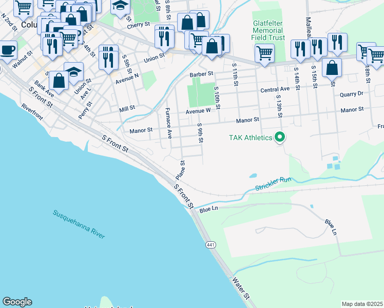 map of restaurants, bars, coffee shops, grocery stores, and more near 641 Fairview Avenue in Columbia