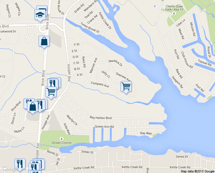 map of restaurants, bars, coffee shops, grocery stores, and more near 48 Compass Avenue in Brick