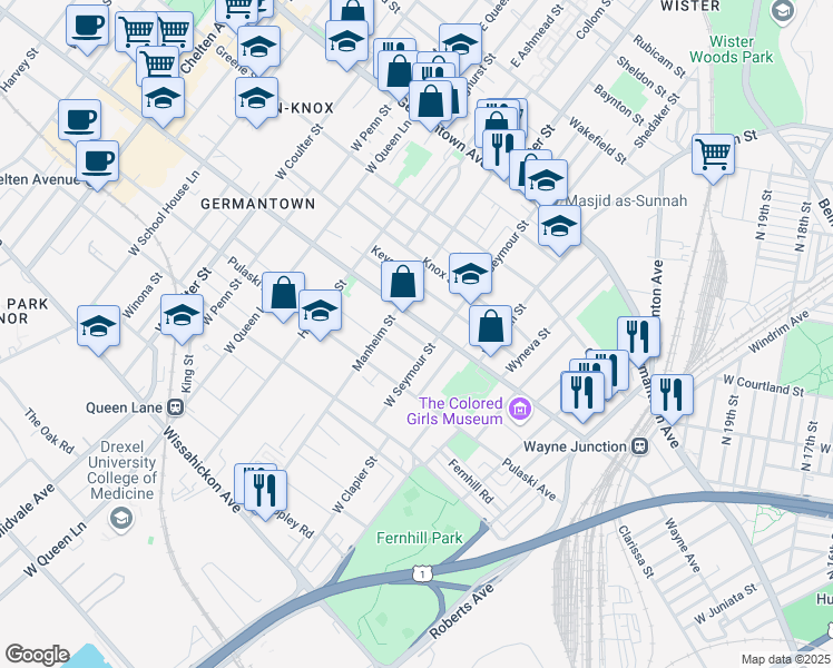 map of restaurants, bars, coffee shops, grocery stores, and more near 5025 Tacoma Street in Philadelphia