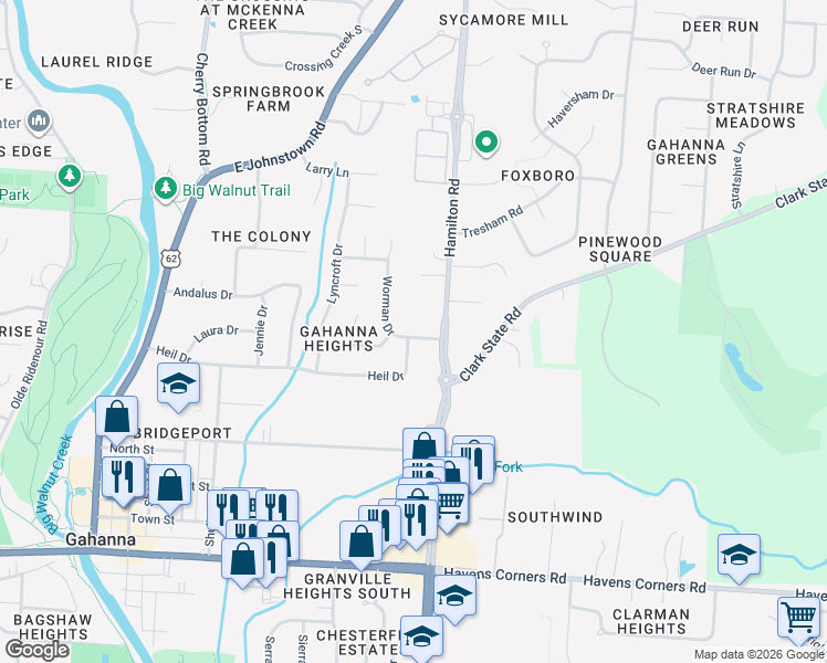 map of restaurants, bars, coffee shops, grocery stores, and more near 330 Worman Drive in Columbus
