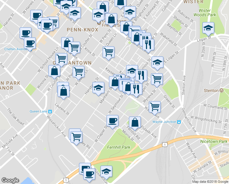 map of restaurants, bars, coffee shops, grocery stores, and more near 5040 Tacoma Street in Philadelphia