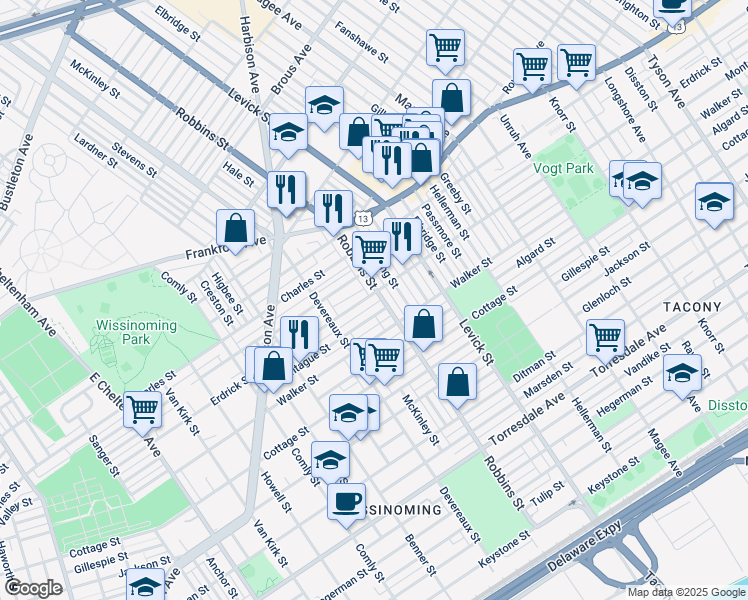 map of restaurants, bars, coffee shops, grocery stores, and more near 6259 Erdrick Street in Philadelphia