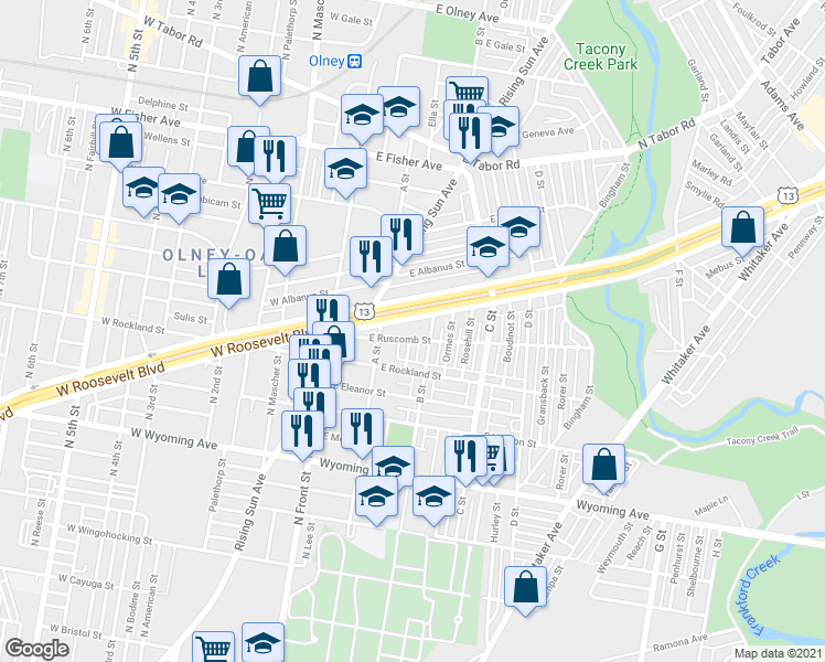 map of restaurants, bars, coffee shops, grocery stores, and more near 242 East Roosevelt Boulevard in Philadelphia