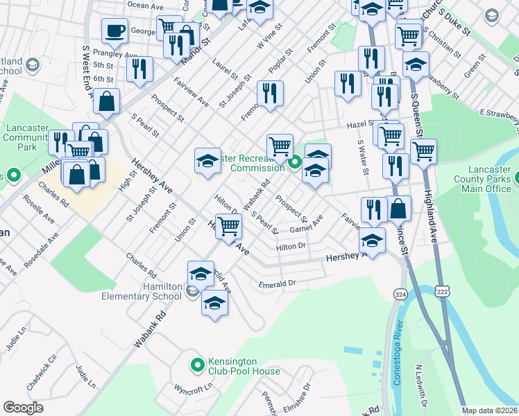 map of restaurants, bars, coffee shops, grocery stores, and more near 920 Wabank Road in Lancaster