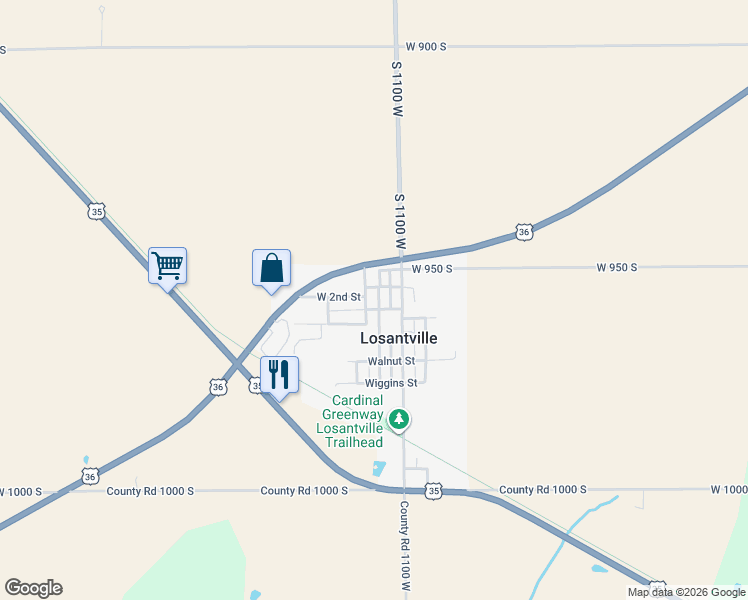 map of restaurants, bars, coffee shops, grocery stores, and more near 215 North Elm Street in Losantville