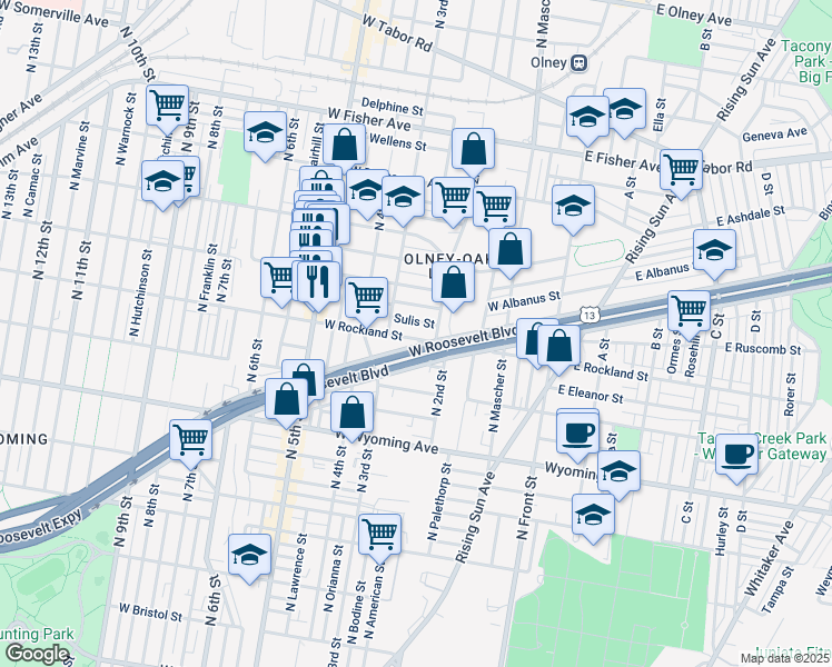 map of restaurants, bars, coffee shops, grocery stores, and more near 225 West Rockland Street in Philadelphia