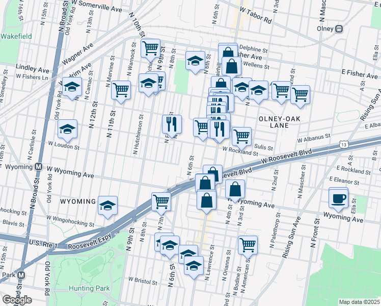 map of restaurants, bars, coffee shops, grocery stores, and more near 4872 North 6th Street in Philadelphia