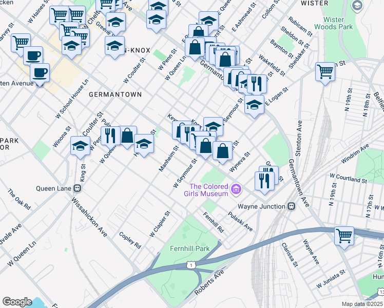 map of restaurants, bars, coffee shops, grocery stores, and more near 5014 Wayne Avenue in Philadelphia