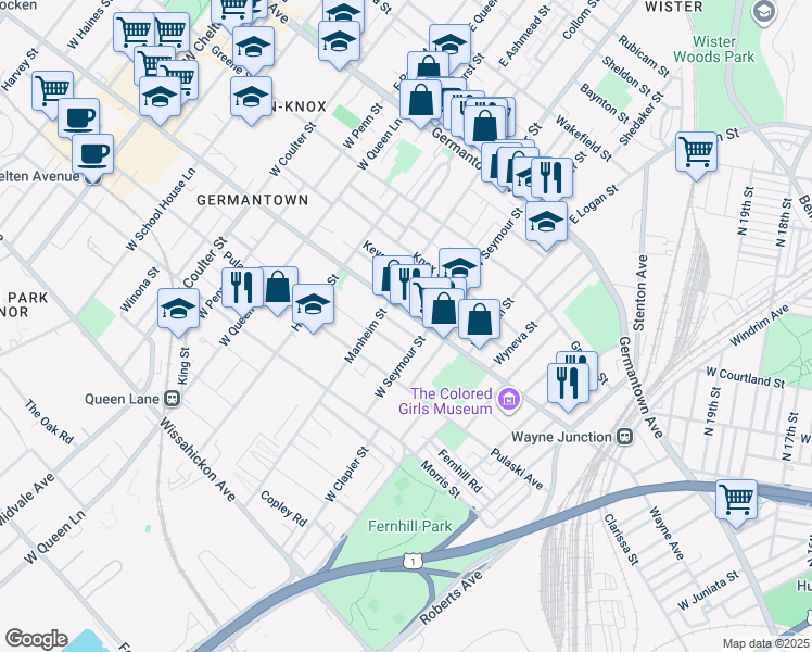 map of restaurants, bars, coffee shops, grocery stores, and more near 5027 Tacoma Street in Philadelphia